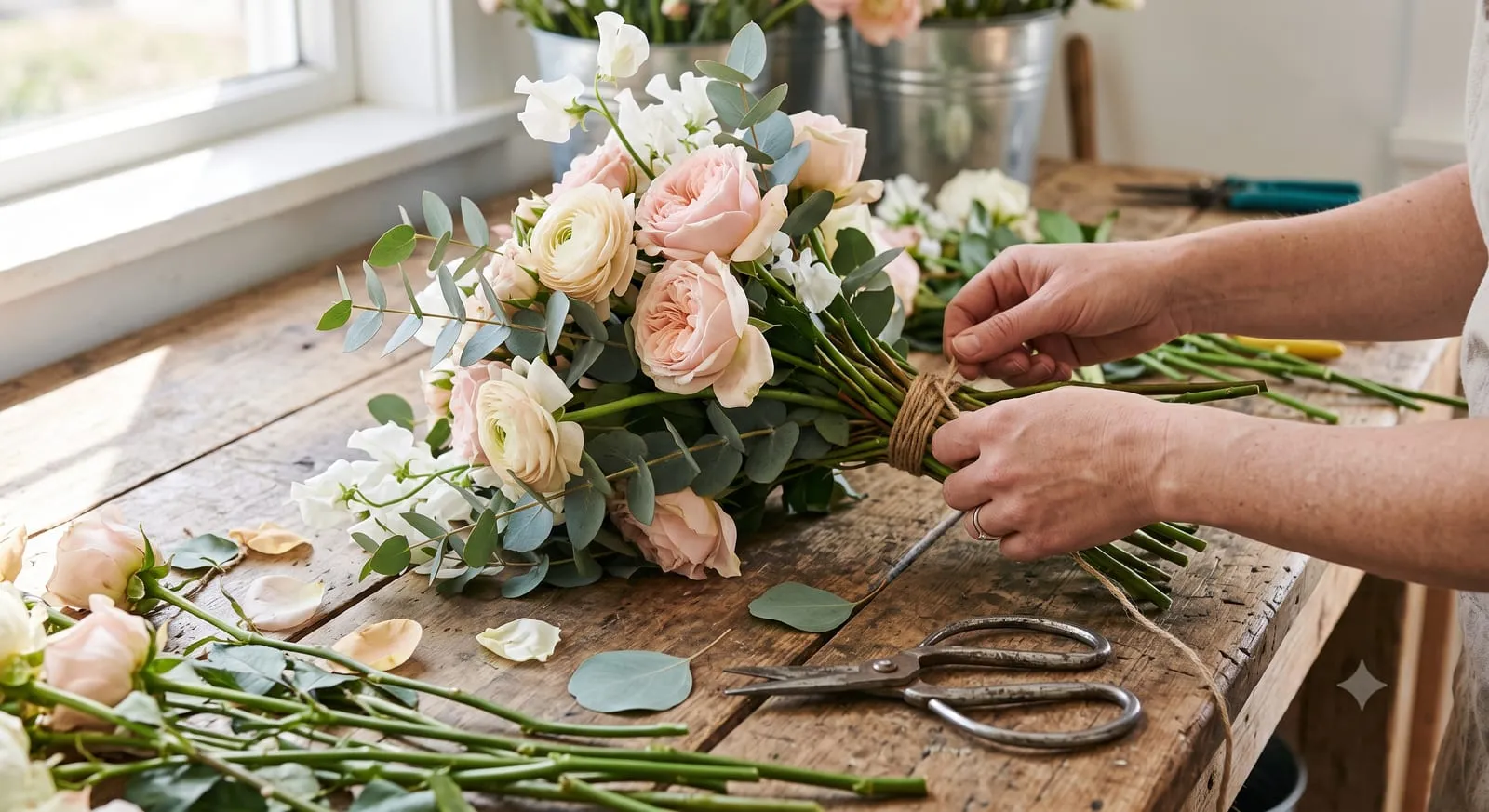 Hände binden einen Brautstrauß aus Rosen und Eukalyptus auf einer Holzwerkbank