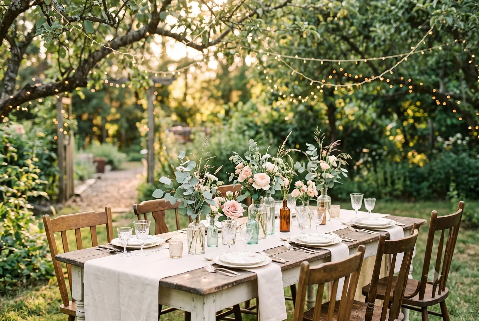Festlich gedeckte Hochzeitstafel im Garten mit Lichterketten in der Abendsonne