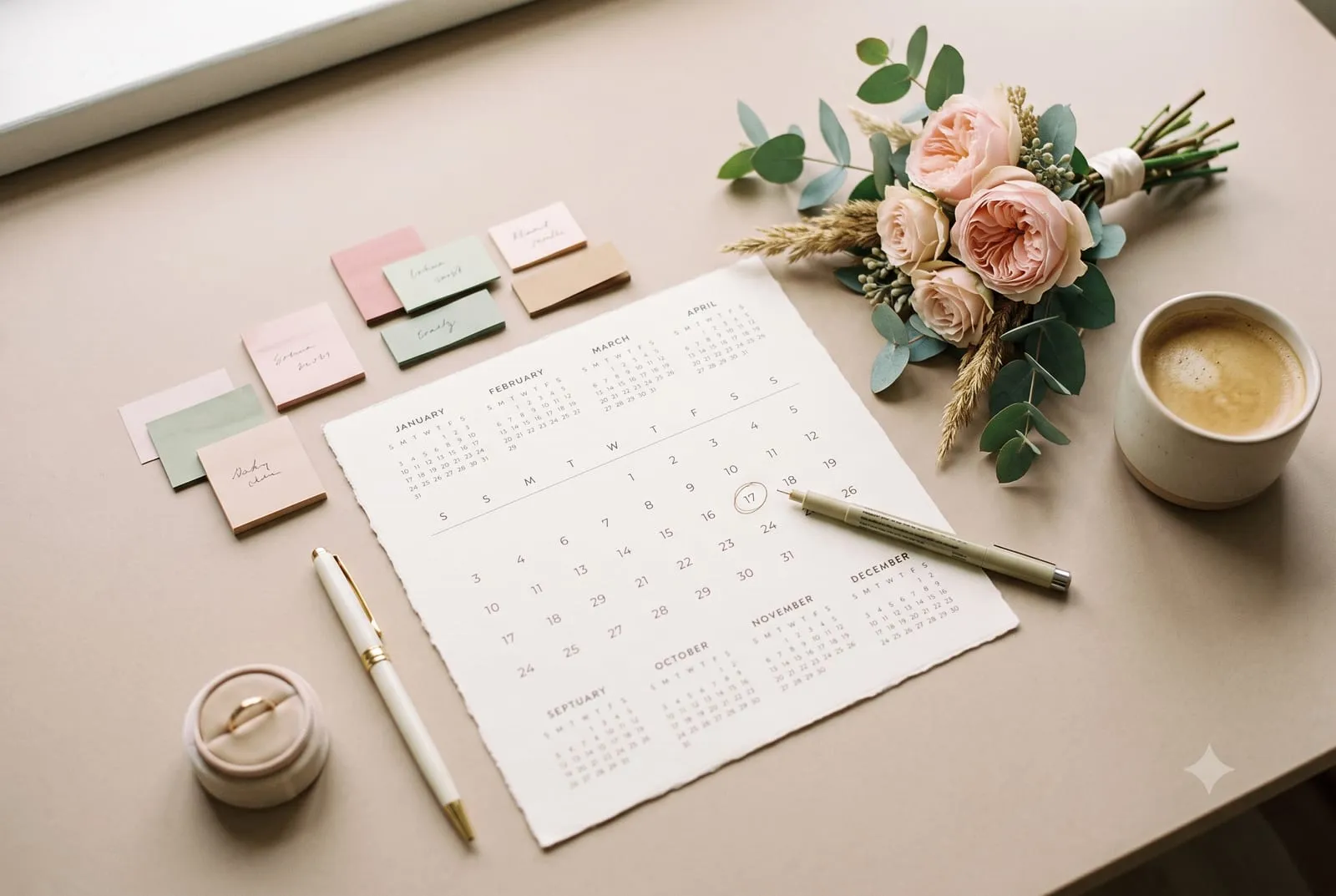 Hochzeitsplanung mit Kalender, bunten Notizzetteln, Blumen und Kaffee von oben
